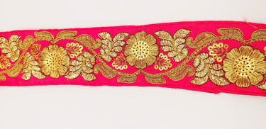 Fuchsia Pink Art Silk Trim In Gold Floral Embroidery, Gold Embroidered Flowers Border, Floral Trim